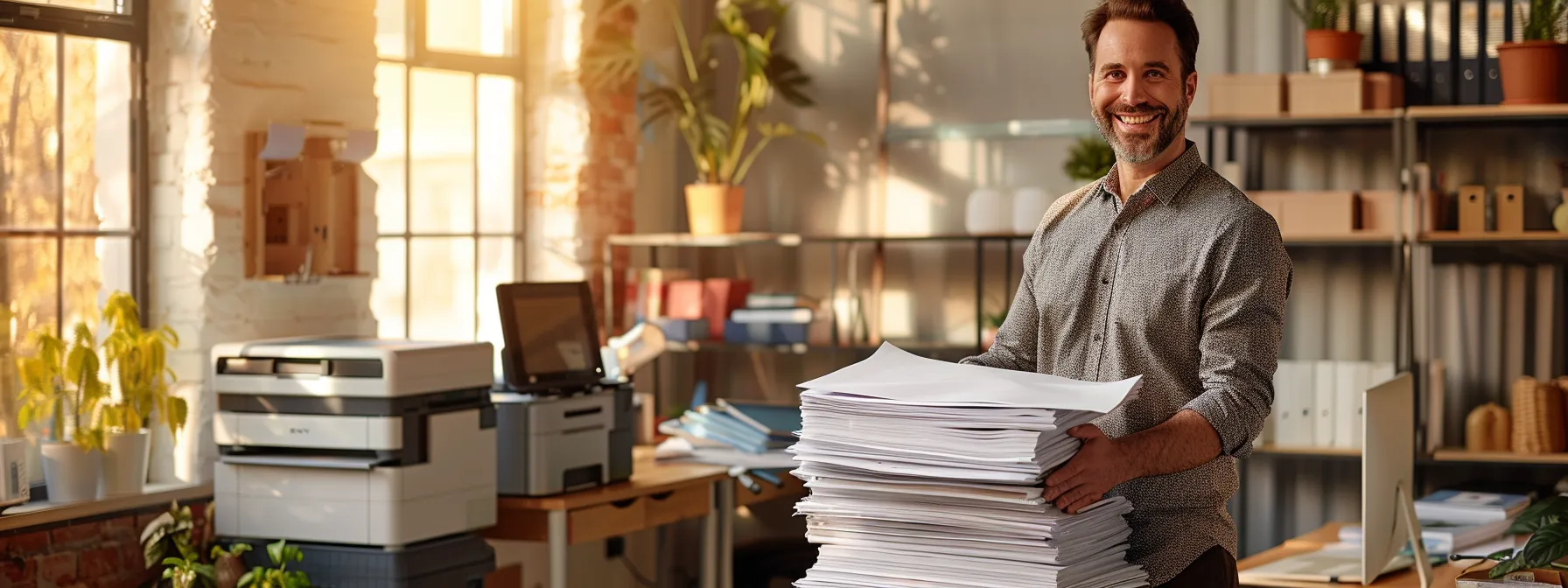 a beaming entrepreneur proudly displays their newly efficient office setup thanks to kraft business systems, surrounded by stacks of organized paperwork and a high-quality copier in action.