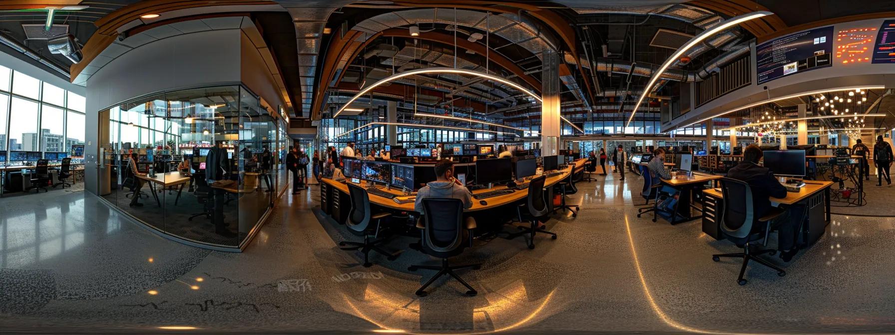 a bustling tech workspace filled with vibrant displays showcasing cloud integration diagrams and bright screens illustrating interconnected services.