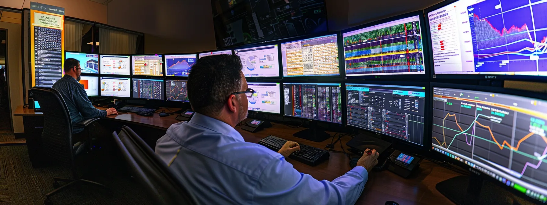 a focused business person analyzing a detailed report on managed it providers in grand rapids, surrounded by screens displaying technical data and graphs.