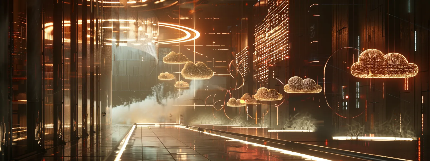 a futuristic data center illuminated by a glowing network of interconnected cloud symbols, showcasing advanced cloud security technology and data protection measures.