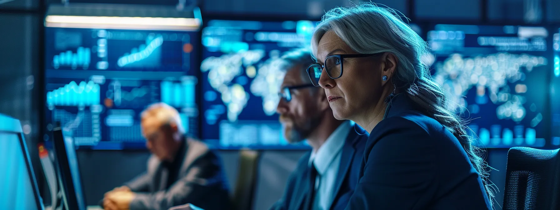 a high-tech cybersecurity command center with sophisticated threat monitoring technology, illuminated screens displaying real-time data, and vigilant cyber experts strategizing to protect systems from advanced cyber threats.