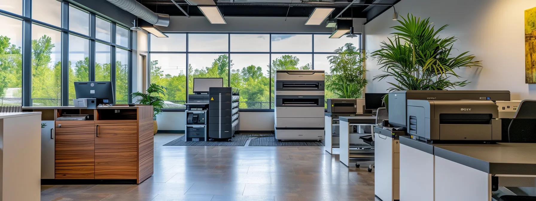 a modern office space in michigan showcasing cutting-edge commercial printers available for lease.