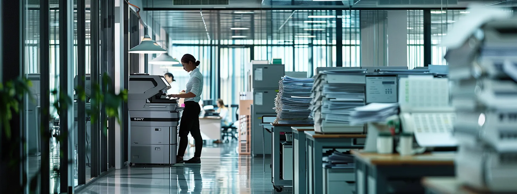 a sleek, modern copier machine in a spacious office environment, surrounded by stacks of documents and a busy employee making copies.