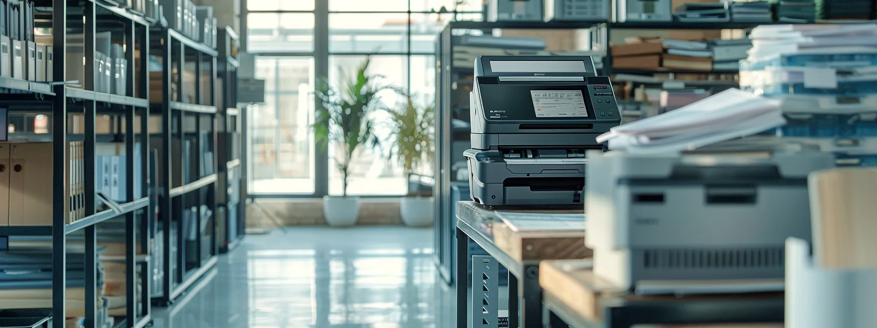 a sleek, modern copier machine standing in a well-lit office space, surrounded by shelves of neatly organized files and office supplies.