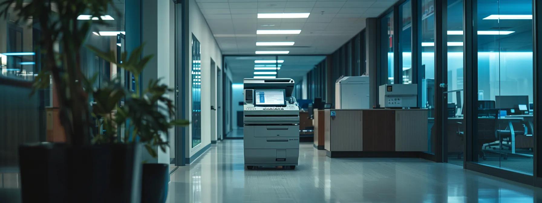 a sleek, modern copy machine in a bustling michigan office, symbolizing strategic office equipment leasing for business growth.