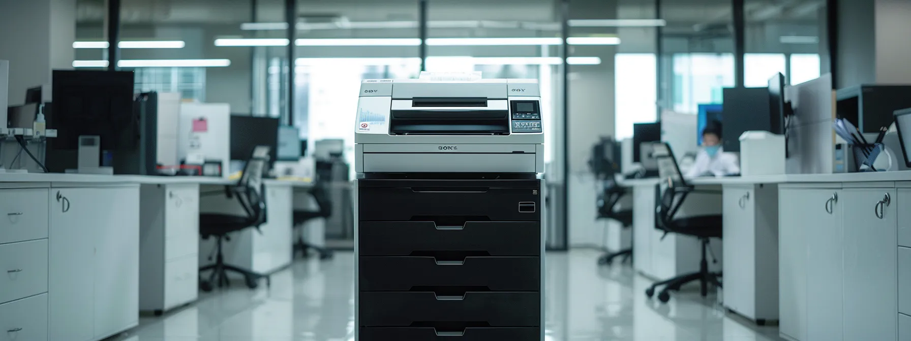 a sleek, modern konica laser printer sits at the center of a spacious office, surrounded by a team of dedicated professionals at kraft business systems.