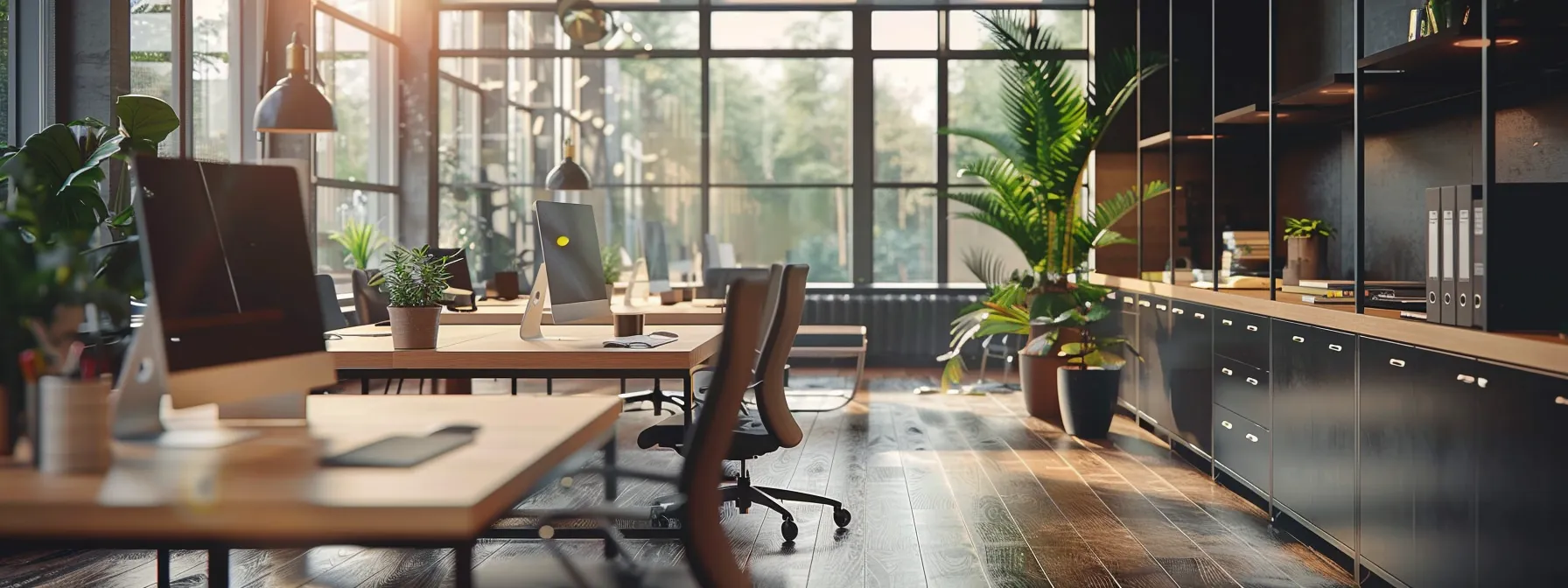 a sleek, modern office space with cutting-edge technology and efficient workstations, symbolizing increased efficiency and reduced operational costs through partnering with kraft for managed it services.