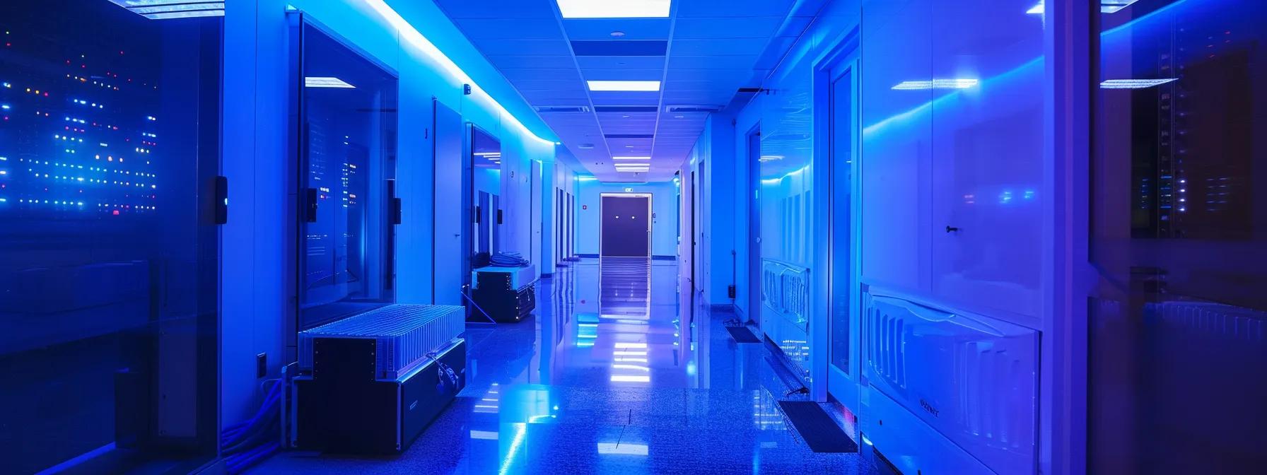 a sleek, modern server room glows with vibrant blue lights as data flows seamlessly through interconnected cloud networks, symbolizing peak performance in cloud integration.