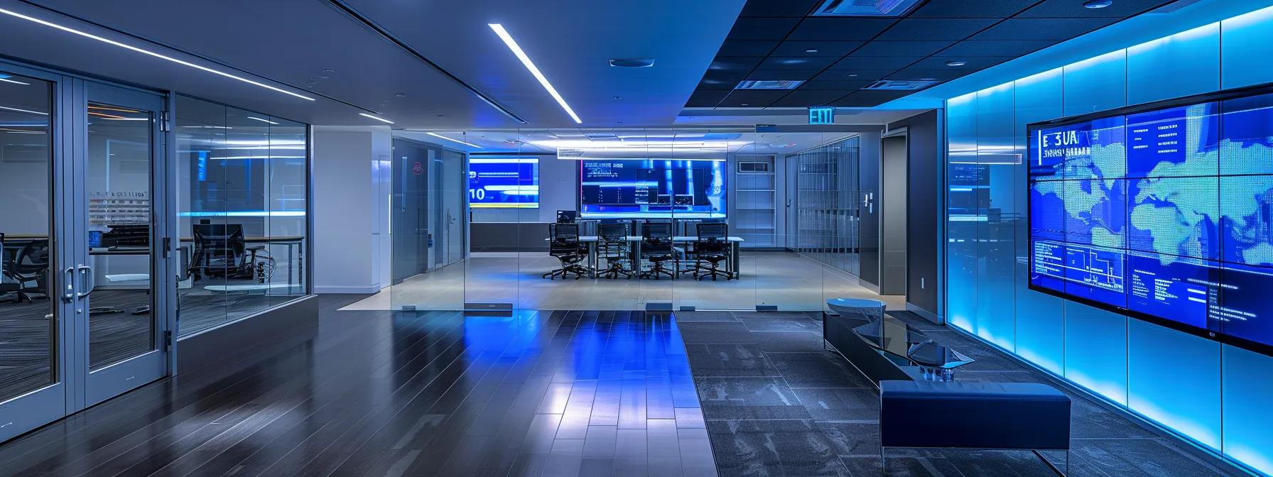 a sleek, modern server room glows with soft blue lighting, while a digital display illustrates dynamic cloud integration, symbolizing the future of technology for managed service providers.