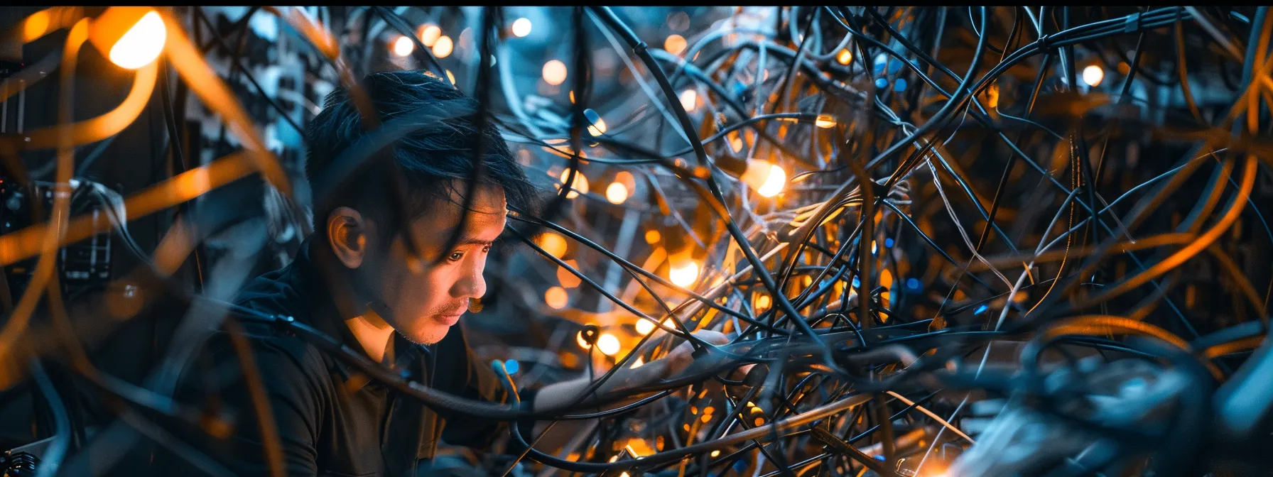 a tech expert inspecting a network of interconnected devices, implementing robust security measures to protect against potential breaches.