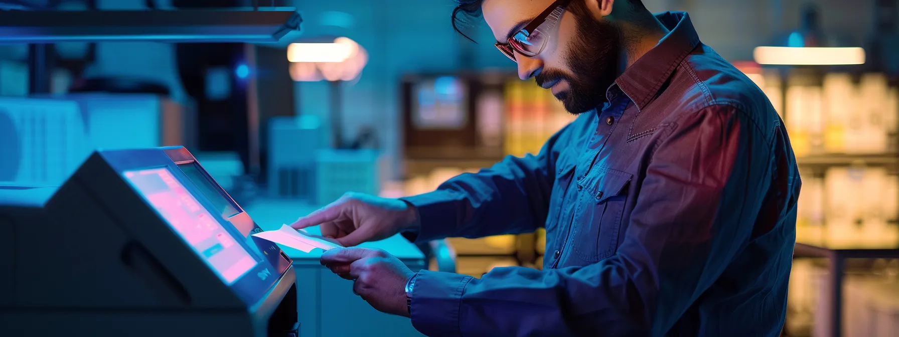 a technician expertly resolving a paper jam in a high-tech office printer, ensuring smooth operations and business productivity.