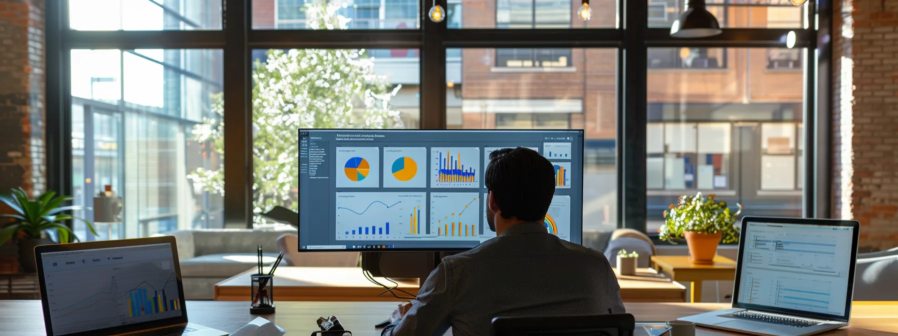 a businessman in a sleek office in grand rapids carefully analyzing data charts and graphs to measure the impact of managed print solutions on his business operations.