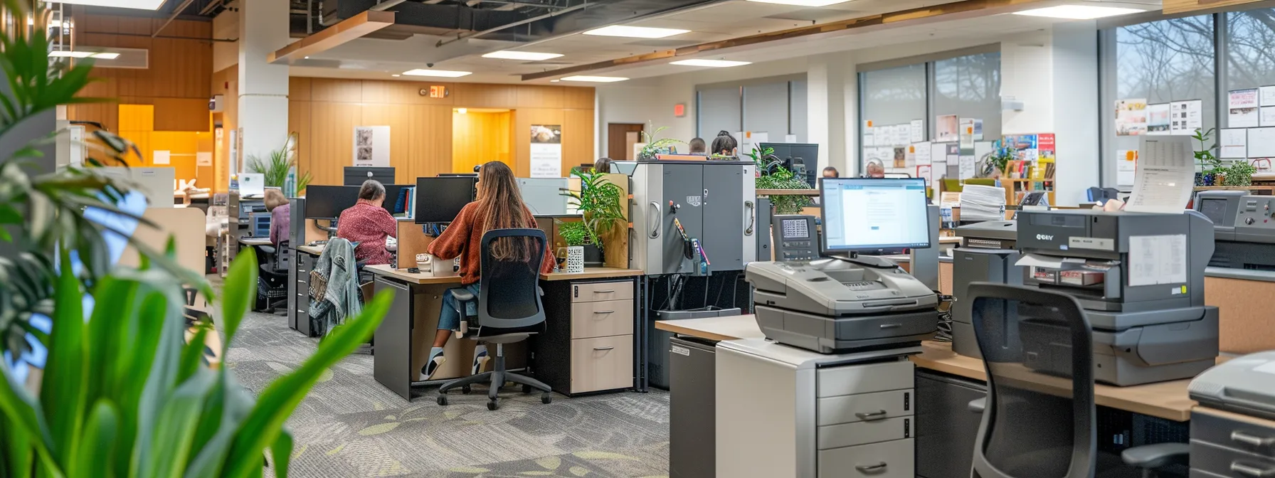 a bustling grand rapids office with modern mps technology seamlessly streamlining print processes for enhanced efficiency.