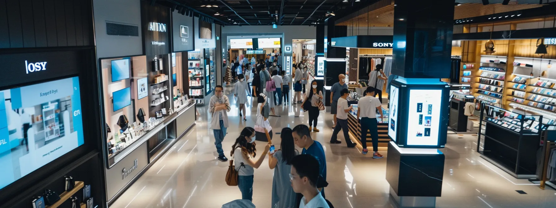 a bustling retail store with streamlined operations and cost-saving technology in action.