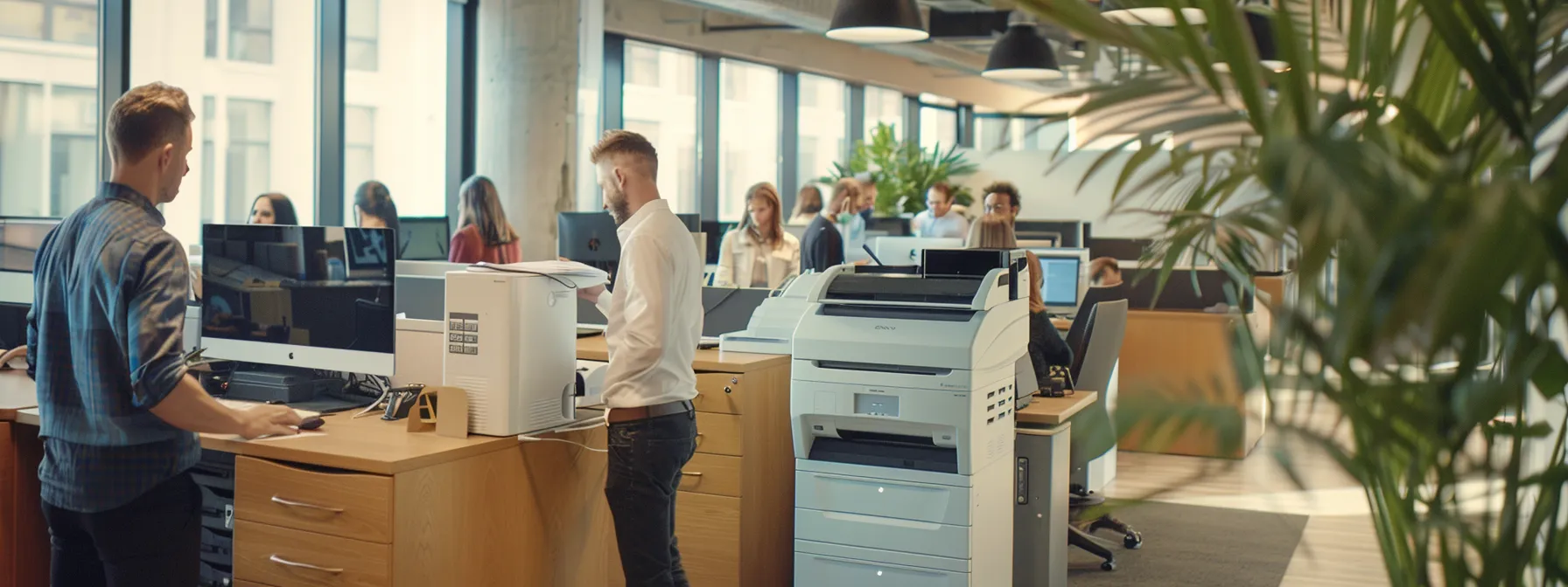 a busy office with employees printing remotely and securely from their mobile devices using cloud print servers.