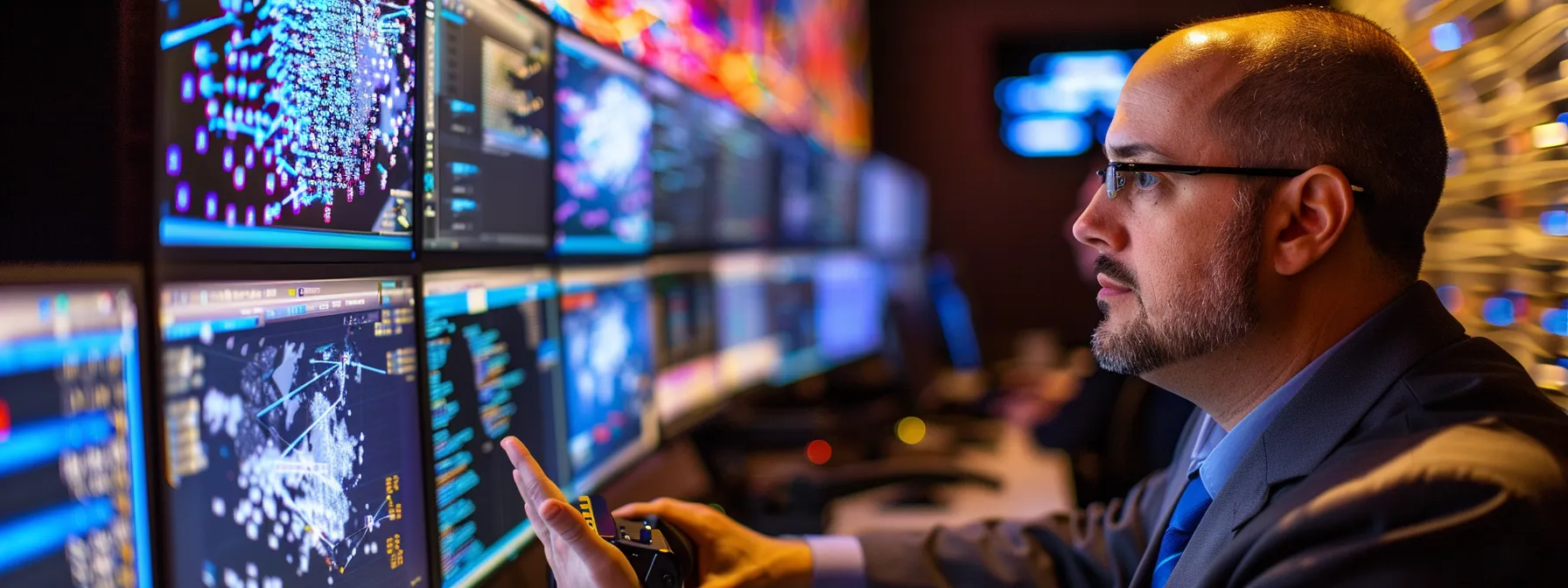 a cybersecurity expert monitoring a network of computer servers in a high-tech data center, ensuring robust security measures are in place to protect against cyber threats.