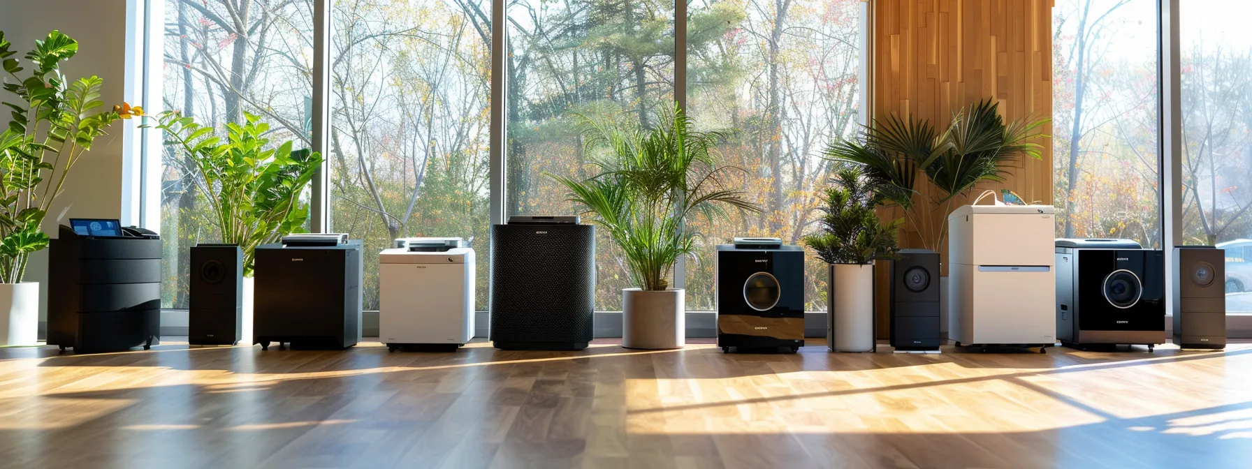 a diverse selection of high-tech printers lined up in a modern office space in grand rapids, showcasing the advanced capabilities offered by different managed print service providers.