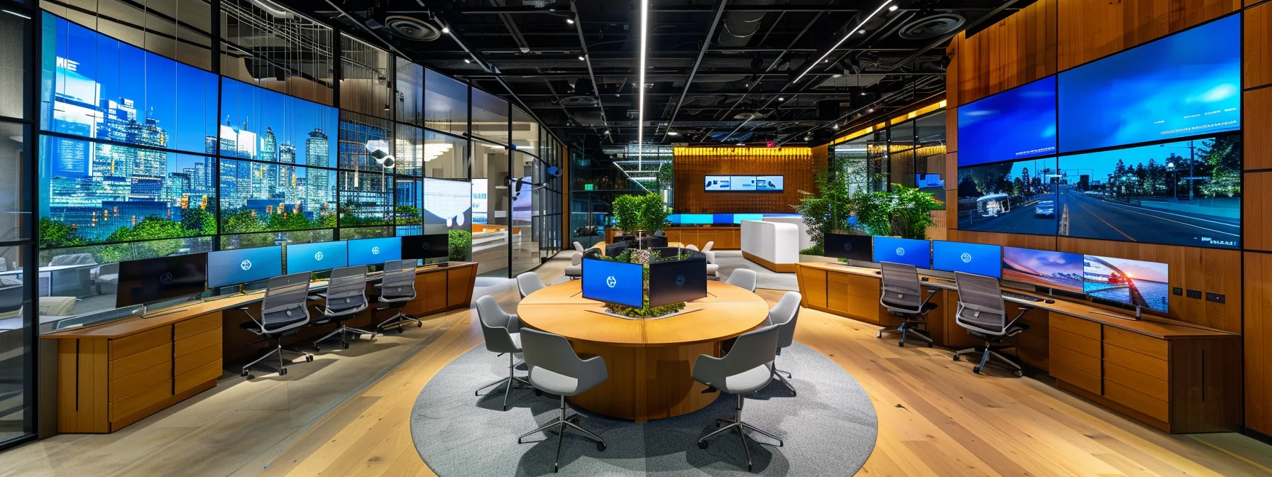 a modern office setting with a sleek tech-infused workspace, showcasing a seamless integration of cloud solutions and advanced technologies to enhance business efficiency.