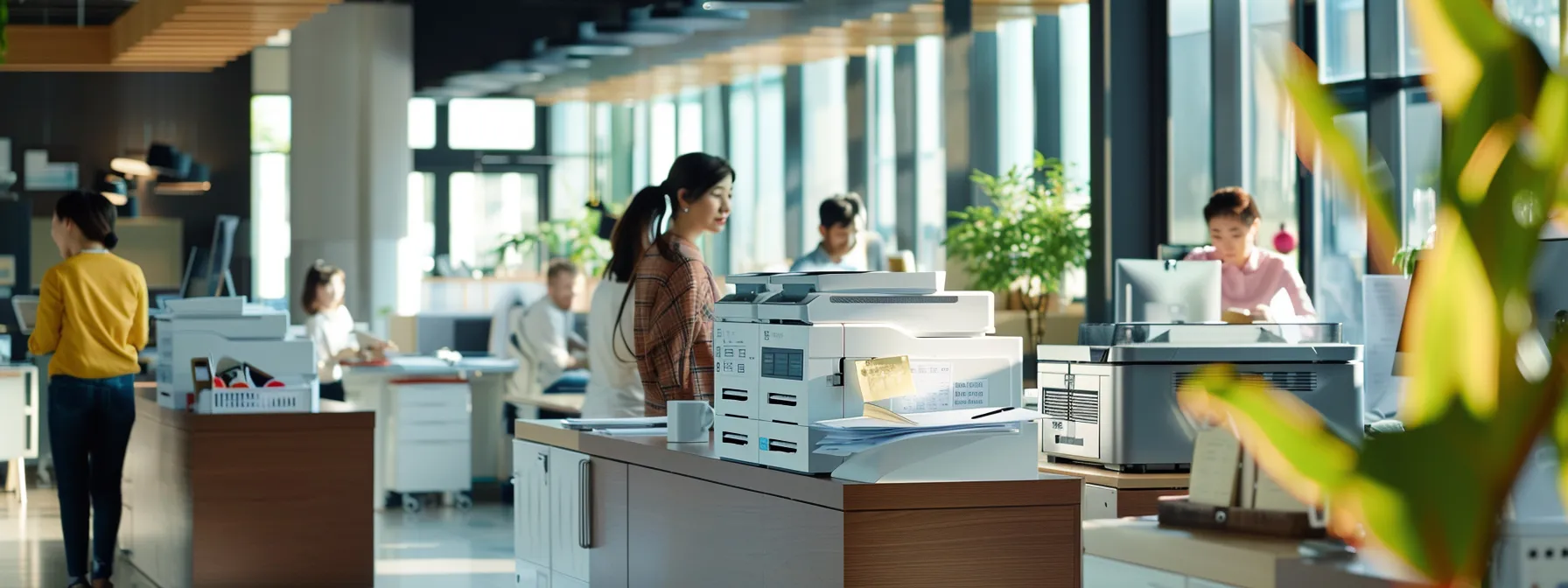 a modern office setting with employees seamlessly printing documents from various devices using cloud-based print servers integrated with managed print services.