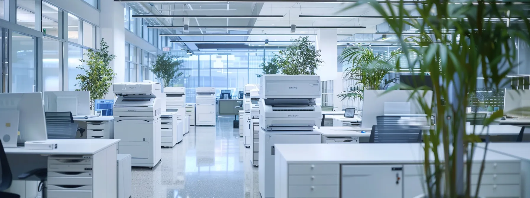 a modern office space filled with efficient, eco-friendly printers seamlessly integrated into the workflow, showcasing the benefits of managed print solutions.