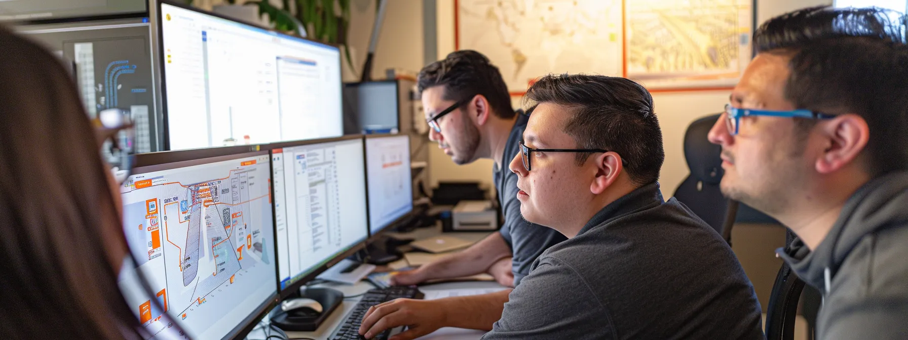 a professional team at kraft business systems carefully analyzing a complex network diagram to create personalized it solutions for a business client.