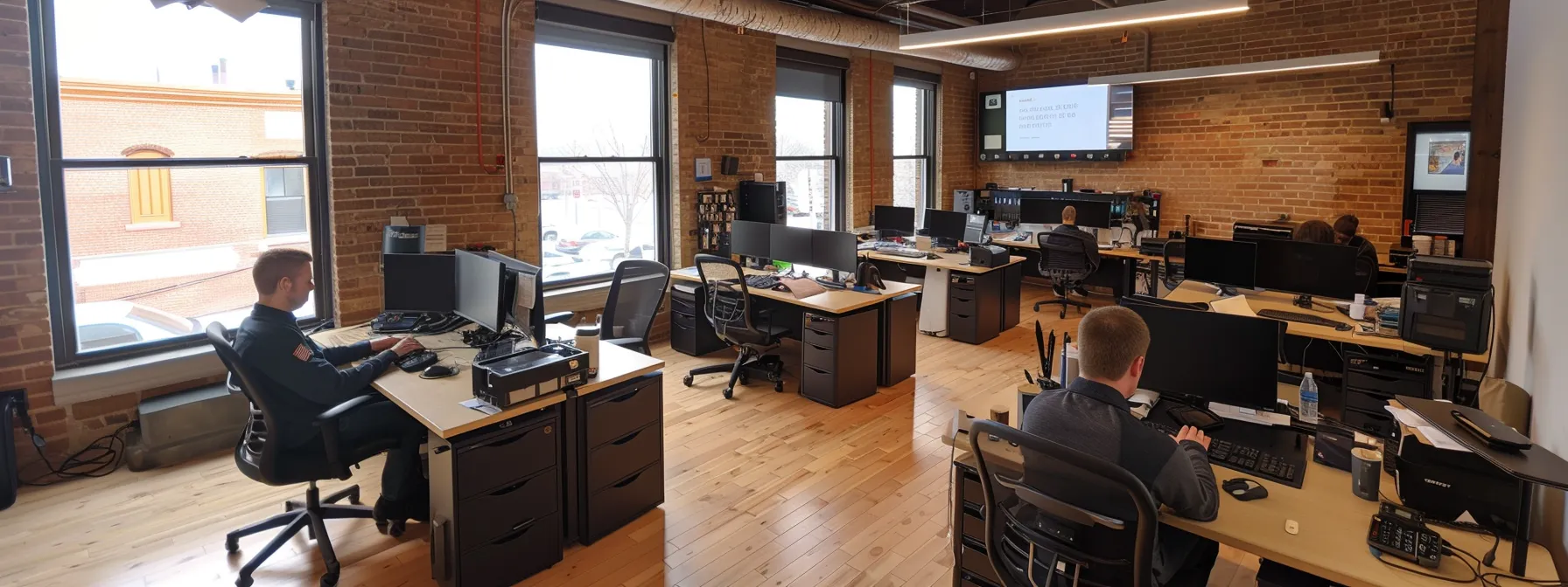 a sleek, modern office in grand rapids bustling with activity as professionals work seamlessly with cutting-edge managed it solutions.