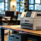 a sleek, modern office printer efficiently producing high-quality documents in a bustling grand rapids workplace.