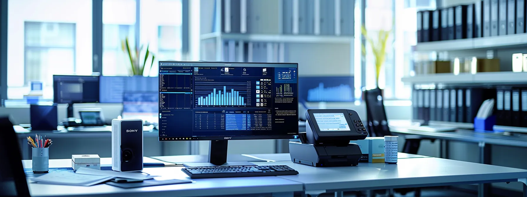 a sleek, modern office setting with a centralized dashboard displaying real-time printing usage data, illustrating the efficiency and security benefits of managed print services.