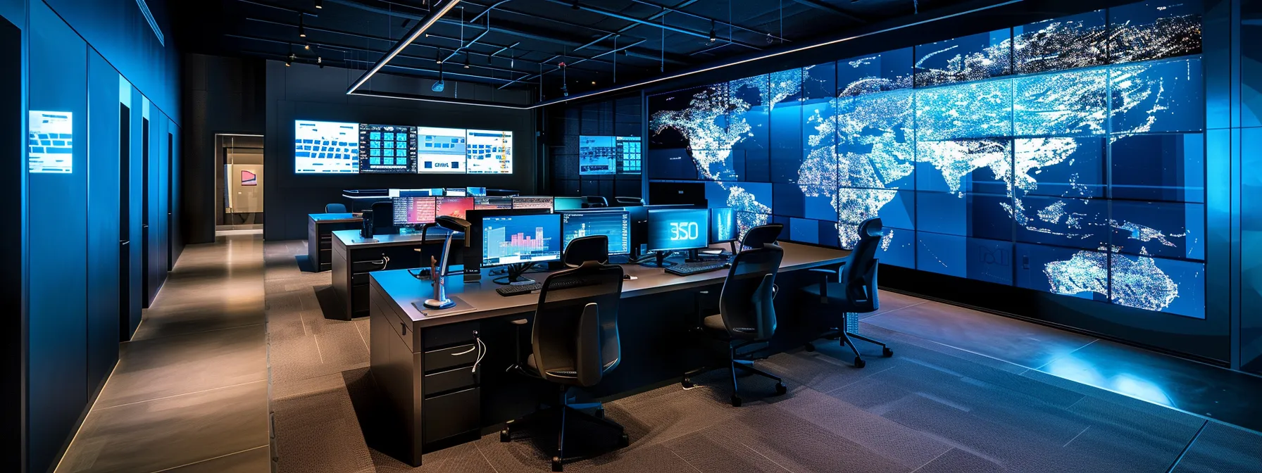 a sleek, modern office setup with state-of-the-art cybersecurity measures in place, exemplifying kraft business systems' expertise in securing businesses.