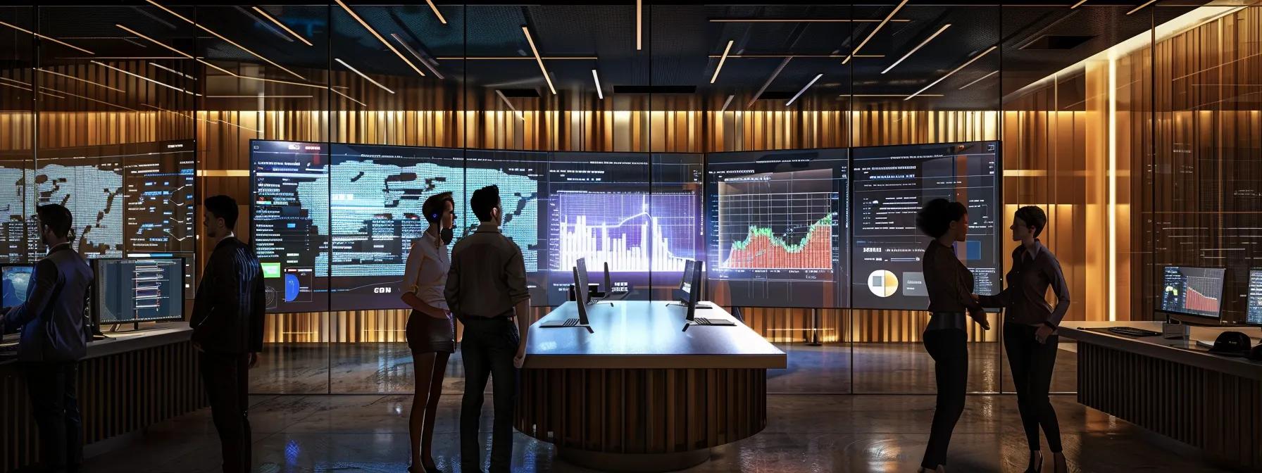 a sleek, modern office space showcases a diverse team engaged in animated discussions around a large screen displaying vibrant cloud integration analytics and success metrics.