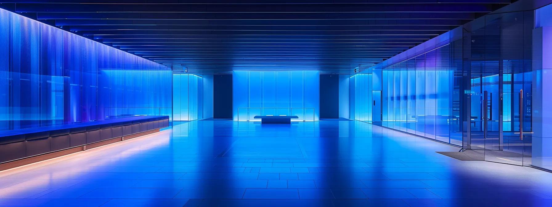 a sleek, modern server room illuminated by blue ambient lighting, housing rows of powerful cloud integration servers, symbolizing advanced security and data resilience.