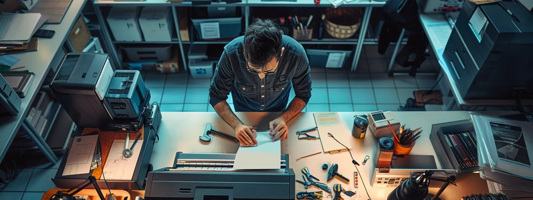 a skilled technician working diligently to repair a high-speed printer, surrounded by various tools and equipment, ensuring minimal downtime for the office operations.