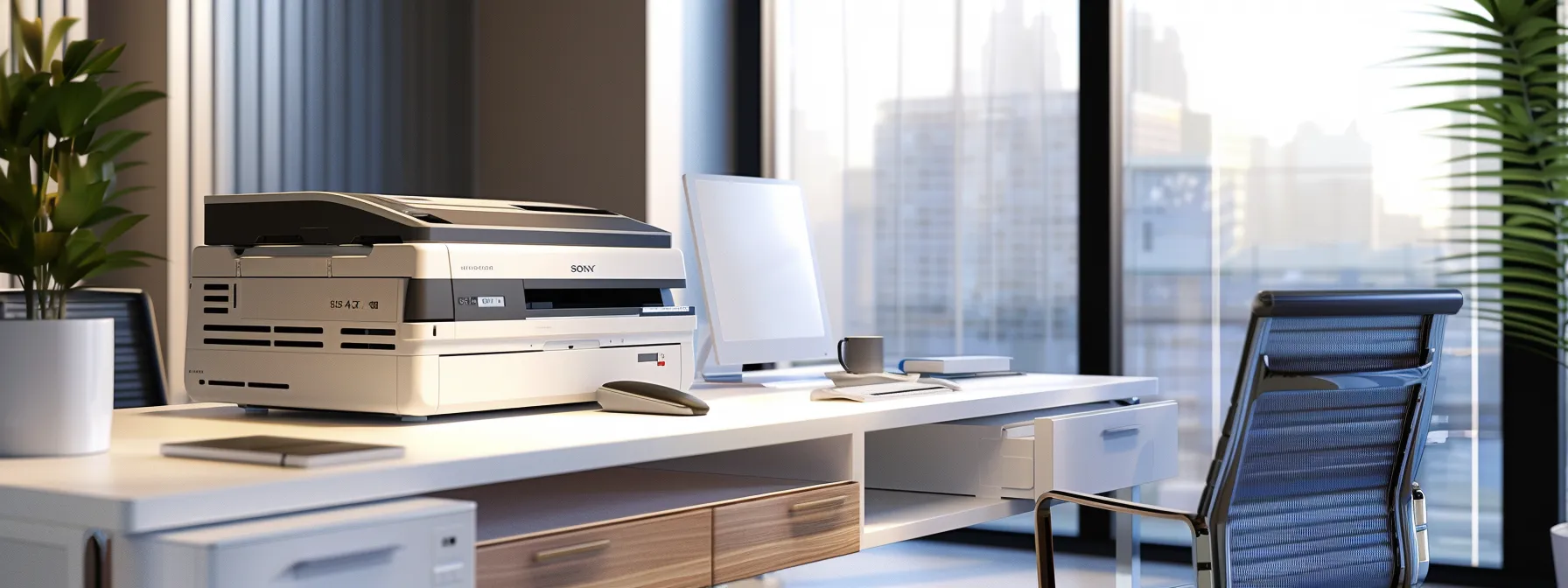 a sleek, modern office desk with a state-of-the-art printer and copier, showcasing efficiency and reliability.