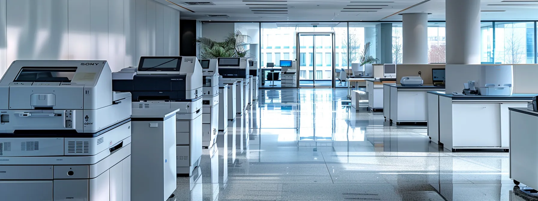 a sleek, modern office space with a row of top-brand copiers lined up, symbolizing tailored solutions and reliable service from kraft business systems.