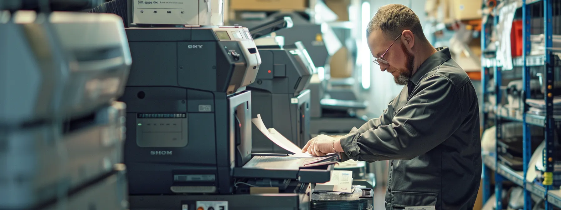 a technician carefully examining a high-tech copier machine, surrounded by various printing supplies, showcasing the thorough assessment process at kraft business systems.