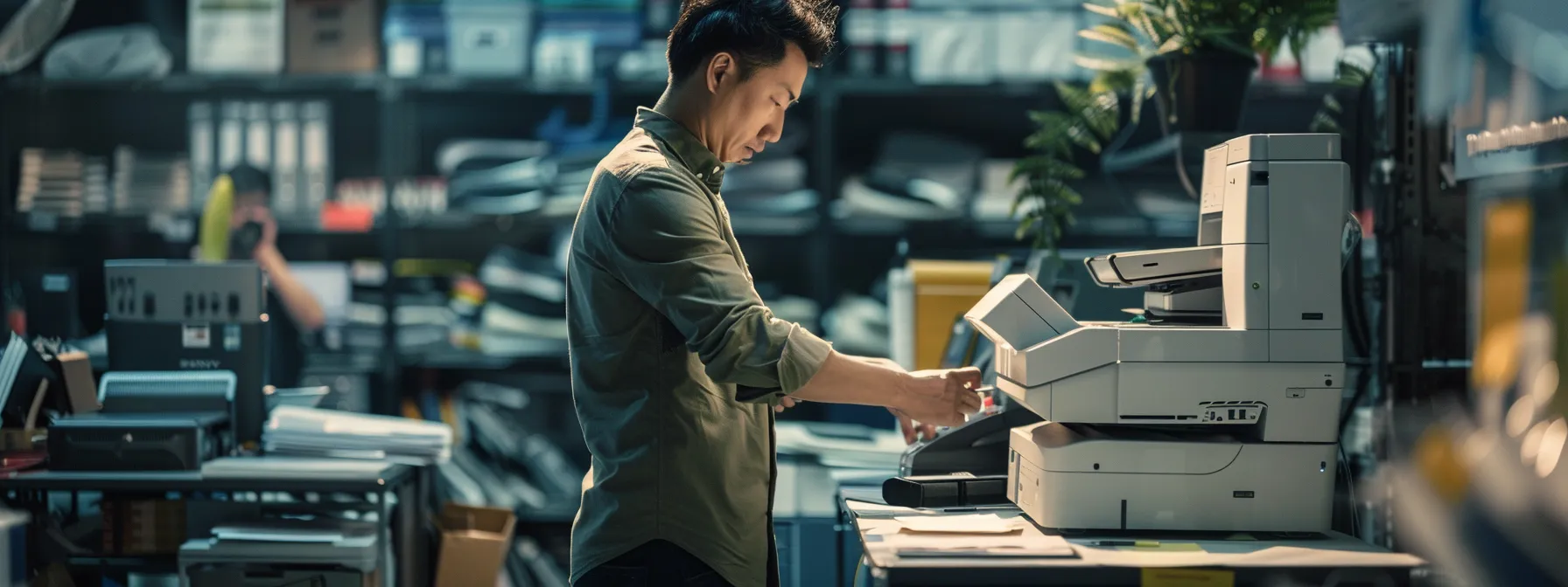 a technician swiftly repairing a printer in a bustling office setting.