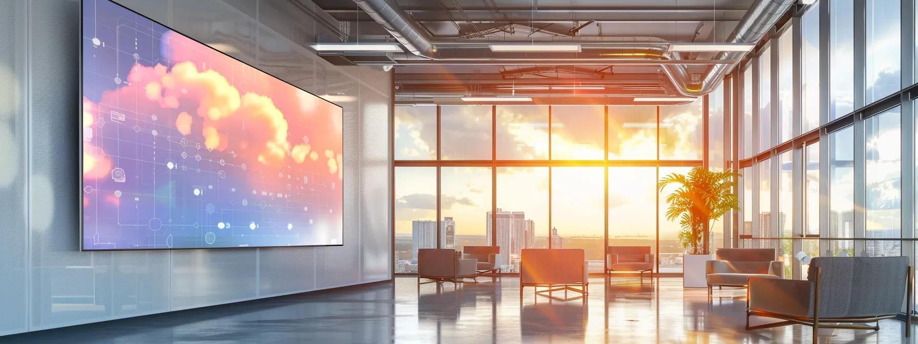 a serene office space bathed in natural light, featuring a large digital screen displaying a vibrant, flowing cloud network that symbolizes seamless cloud adoption and innovation.