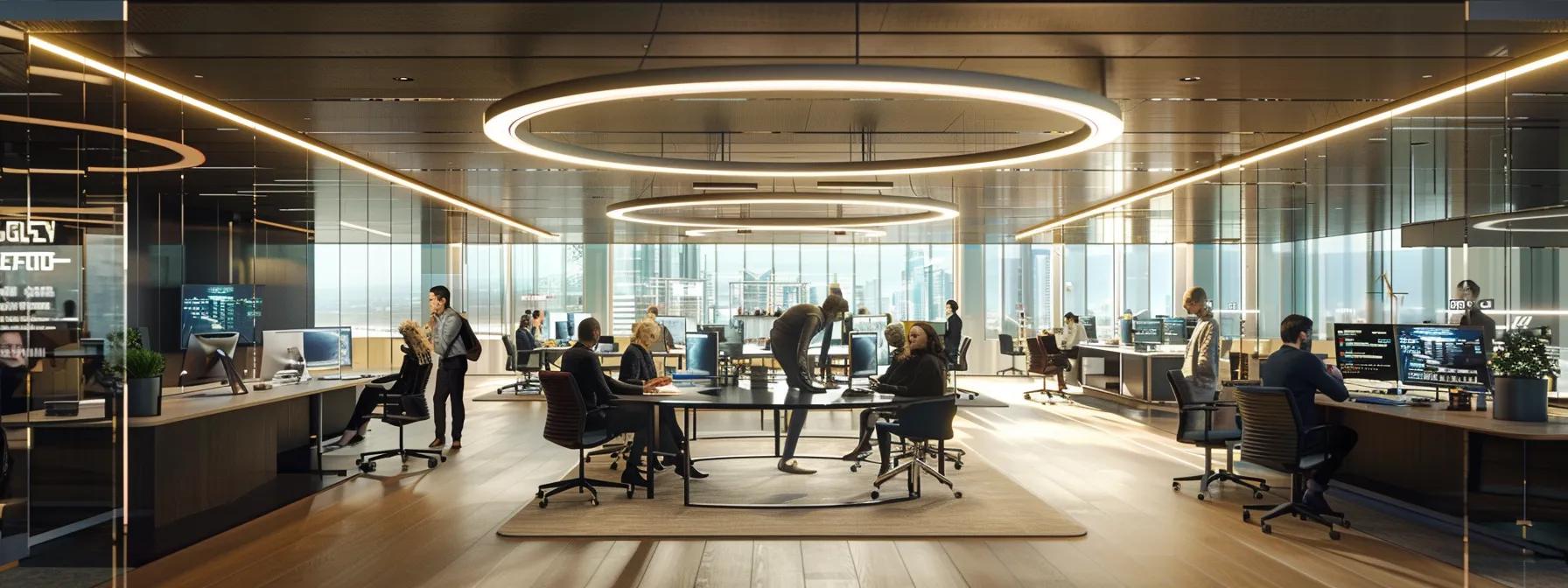 a sleek, modern office space bustling with focused professionals engaged in vibrant discussions over cloud infrastructure, surrounded by multiple glowing screens displaying data analytics and optimization metrics.