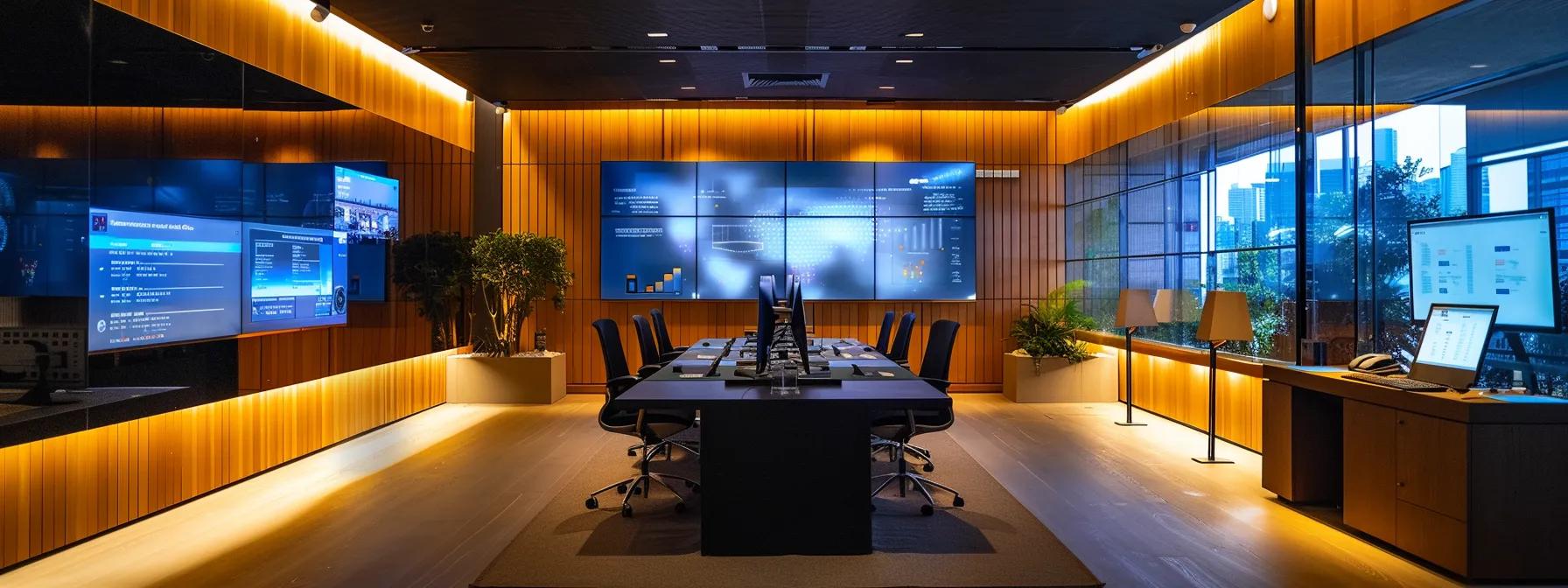 a sleek, modern office space is illuminated by natural light, showcasing a central workstation surrounded by vibrant digital displays that seamlessly illustrate real-time cloud integration data.