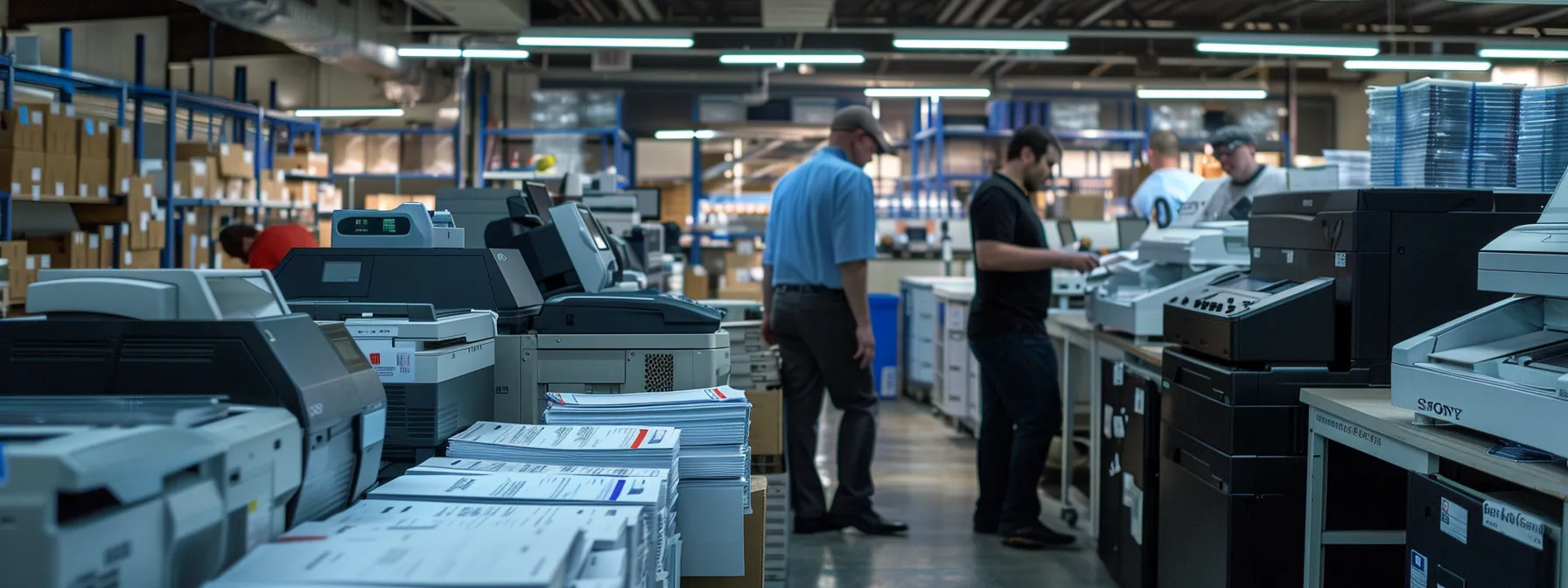 a bustling detroit manufacturing floor with newly installed high-tech copiers, employees working efficiently, and stacks of paper being seamlessly processed, showcasing the success of kraft business systems in enhancing productivity.