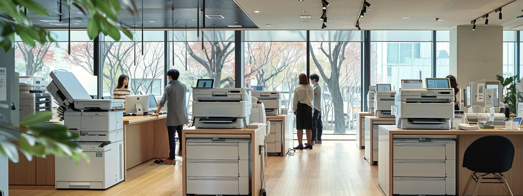 a modern office filled with high-tech printers and copiers, showcasing advanced features and sleek design, surrounded by busy employees focused on their tasks.