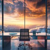 a sleek, futuristic workspace features a panoramic view of vibrant cloud formations, symbolizing seamless cloud services integration and innovation.