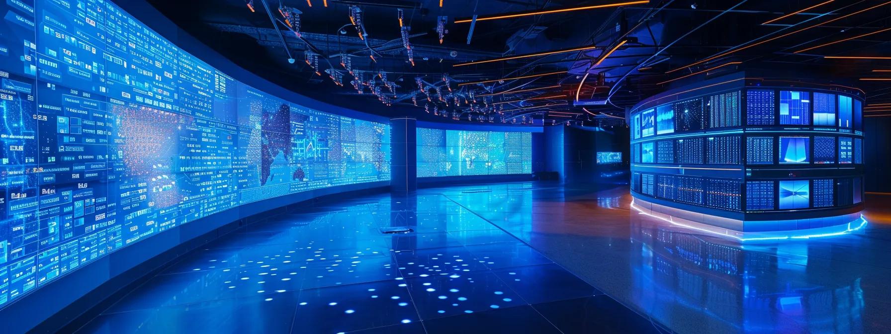 a sleek, high-tech data center glows with blue led lighting, surrounded by digital screens displaying complex encryption algorithms, symbolizing fortified security during cloud migration.