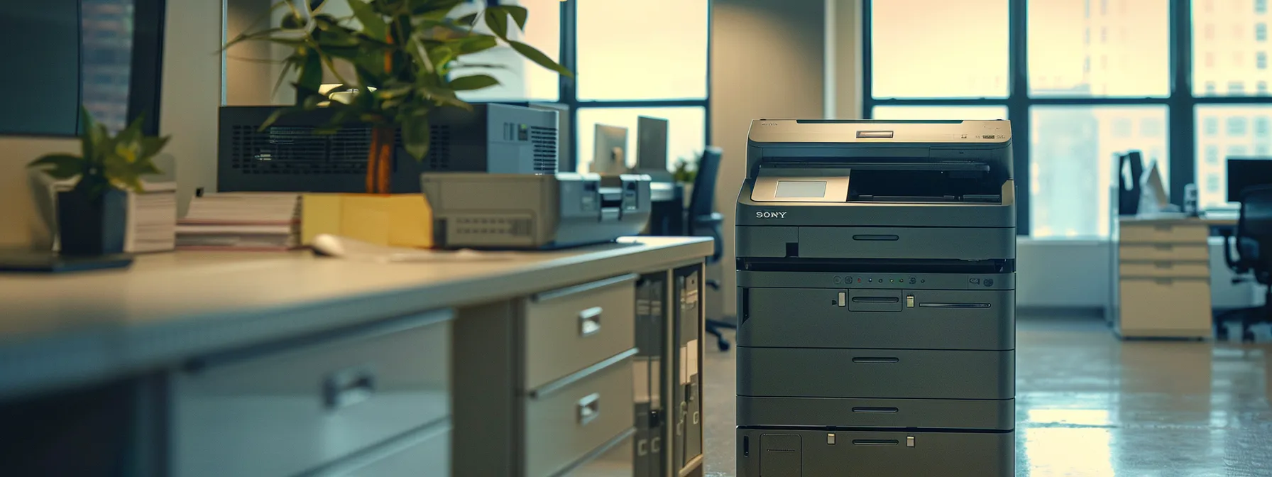 a sleek, modern copier machine being expertly installed in a bustling michigan office space by a team from kraft business systems.