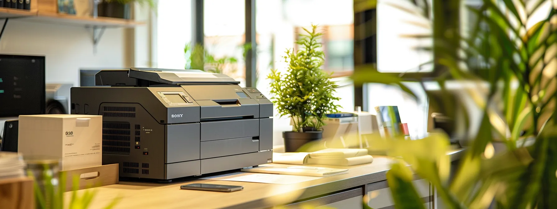 a sleek, modern printer surrounded by efficient office supplies in a well-lit workspace, symbolizing cost-effective printing solutions offered by kraft business systems.