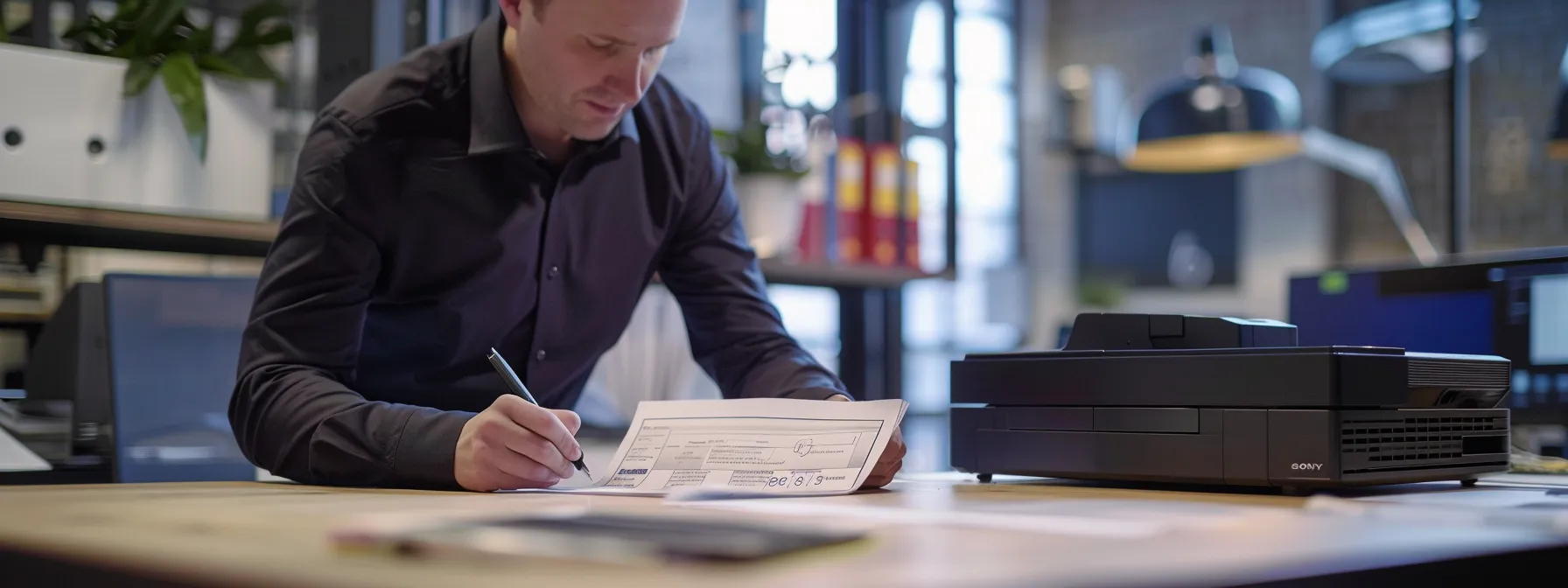 a sleek printer leasing agreement being signed in a well-lit office, with a clear, transparent contract on the table and a knowledgeable kraft business systems representative offering assistance to a grand rapids business owner.