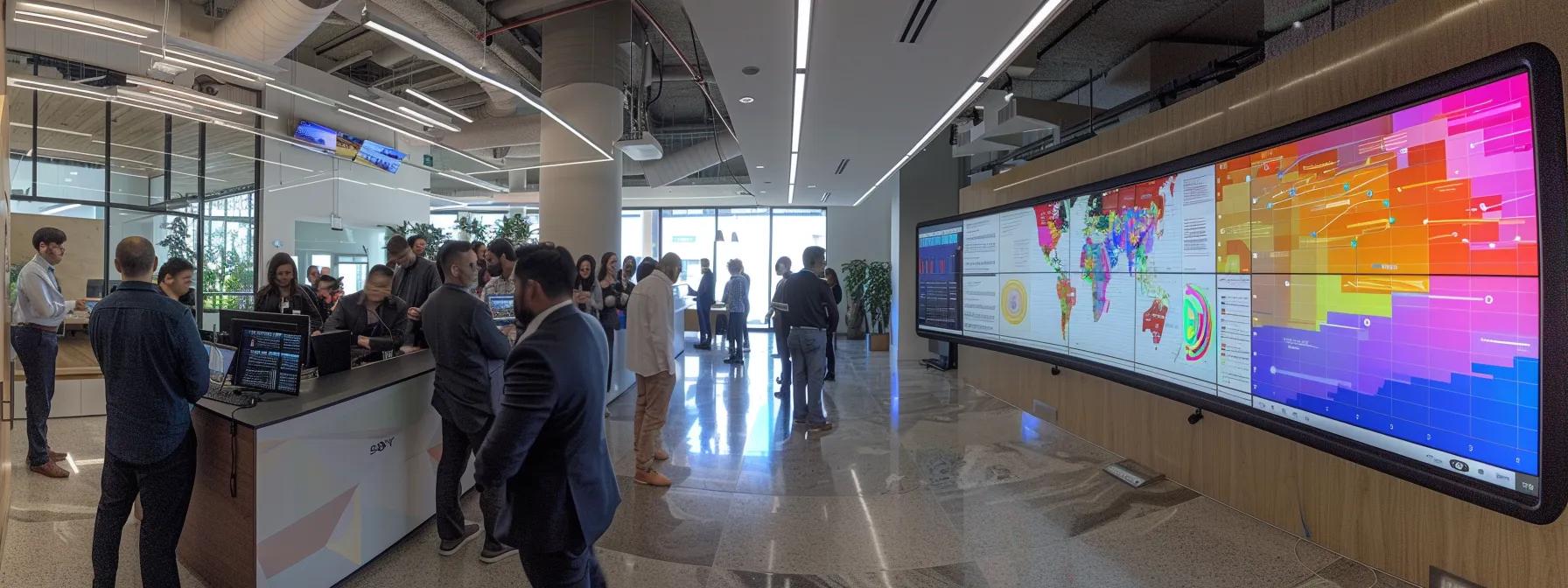 a vibrant office bustling with professionals gathered around a large screen, intently discussing colorful graphs and strategic plans for successful cloud adoption.