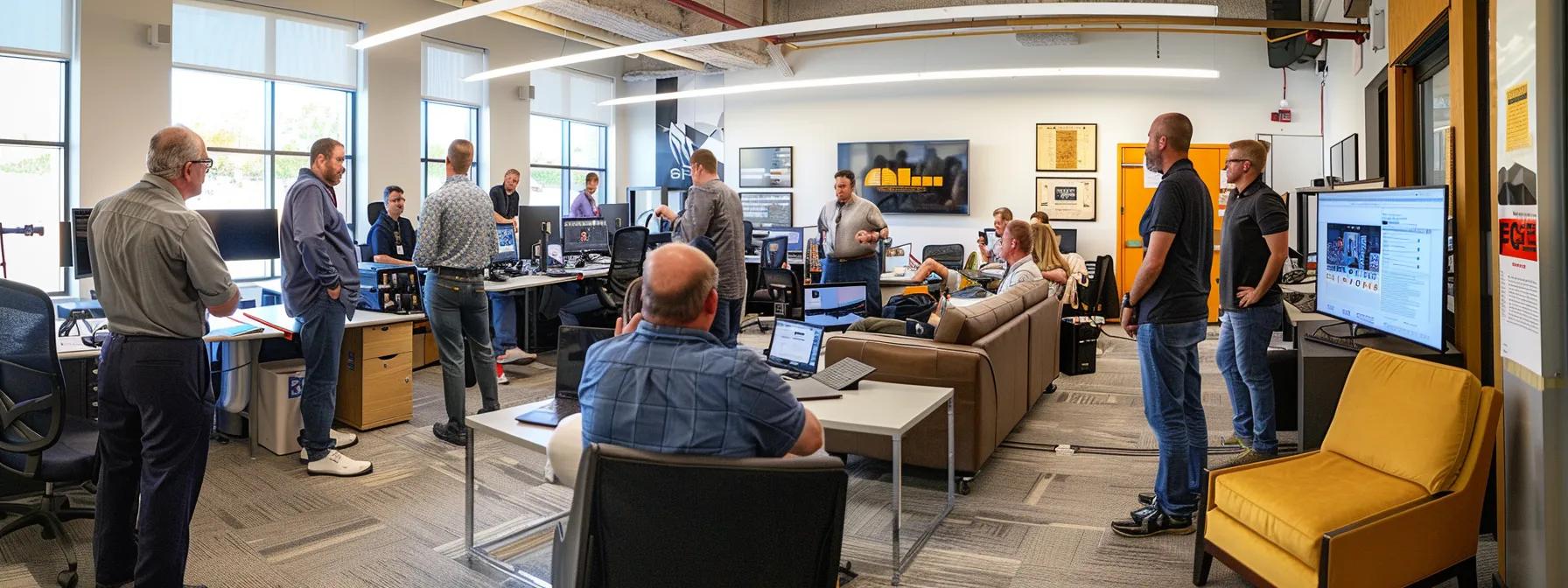 a group of grand rapids it professionals collaborating in a vibrant office setting, surrounded by advanced technology and engaged in a lively discussion.