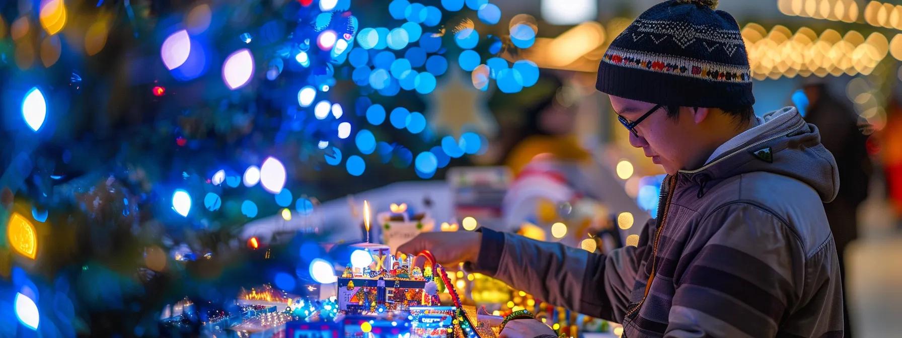 a person carefully examining various unique and specialized it services displayed at the grand rapids public museum's christmas market.