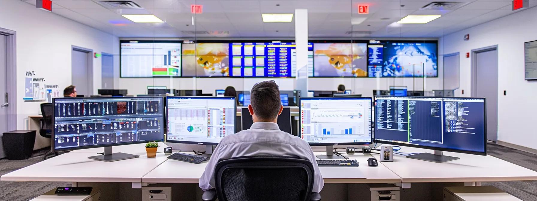 a technician diligently monitors a network server in a sleek, modern office setting, surrounded by screens displaying real-time cybersecurity data and advanced analytics.